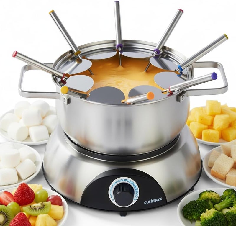CUSIMAX Electric Fondue Set, 1500W Electric Fondue Pot with Luminous Control Dial, 8 Colour Coded Stainless Steel Forks, For Chocolate, Cheese, Broth, Oil, Stainless Steel Fondue Maker, 1.4Quart - Image 1